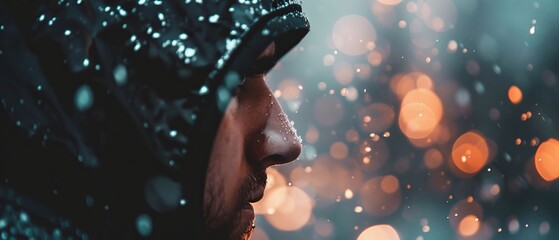 Wall Mural -  A tight shot of a face, framed by raindrops on a window, with out-of-focus lights in the background