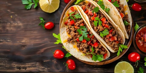 Wall Mural - Mexican Taco Dish A Delectable Combination of Ground Beef, Salsa, Tortillas, and Cheese. Concept Mexican Food, Taco Recipe, Ground Beef, Salsa, Tortillas, Cheese