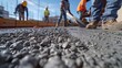 © Kanin - Construction workers pouring fresh concrete at a construction site with a close-up view of the wet cement and feet of workers.