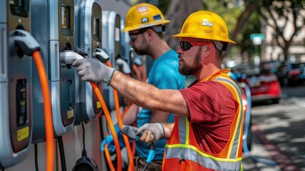 Workers wear helmets and safety gear while installing electric vehicle charging stations on a sunny day, promoting sustainable transportation.