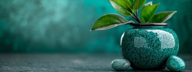 Poster -  A green vase holds a plant It rests on a table Rocks are nearby A green wall is in the background