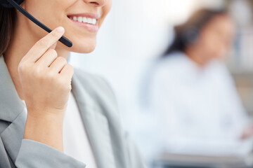 Poster - Customer service, smile or mouth of woman in call center for consulting, loan questions or online advice. Closeup, consultant or agent talking on microphone for telemarketing or sales communication