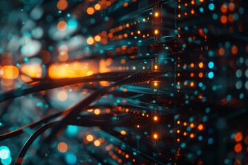Poster - A closeup view of network cables connecting to a server rack with blinking lights, representing the flow of data in a modern data center