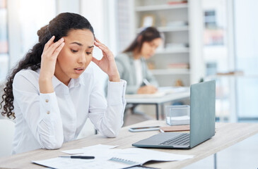 Wall Mural - Headache, woman and burnout in office for finance, company debt and overwhelmed in business. Female administrator, frustrated and anxiety at desk for budget crisis, stress or confusion with documents