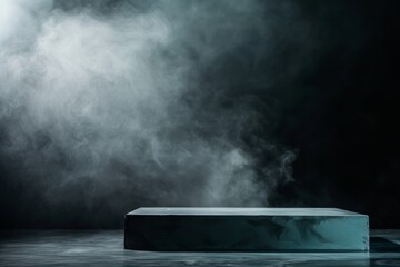 Poster - A silver podium sits on a black background with dramatic fog surrounding it