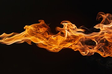 Poster - A single fire flame dances against a black background, showcasing intricate textures and vibrant orange and yellow hues