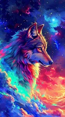 Poster - Colorful galaxy and wolf illustration