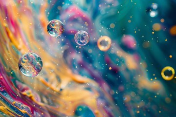 Poster - colorful paint swirls and suspended bubbles create a dynamic and abstract background