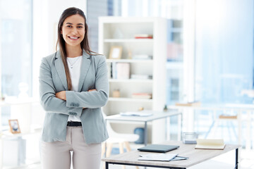 Poster - Portrait, arms folded and businesswoman in office for professional career and pride for job. Female person, smile and human resources management for corporate company or law firm in New York city