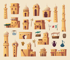 Wall Mural - Islamic houses. Mosques columns towers arches urban traditional islamic architectural objects exact vector buildings isolated