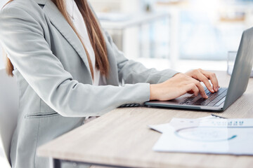 Fototapete - Woman, hands and laptop at desk for research, planning and email for corporate company. Technology, typing and human resources management with documents for strategy, development or online in office