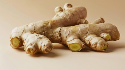 Fresh ginger root on a beige background, showcasing its natural texture and color, perfect for culinary and medicinal use.