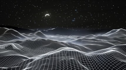 Abstract 3D Illustration of a Wireframe Landscape with Stars and a Crescent Moon