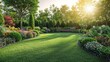 © Thanaphon - Lush garden with vibrant flowers and neatly trimmed lawn under the warm glow of a setting sun, creating a serene and picturesque scene.