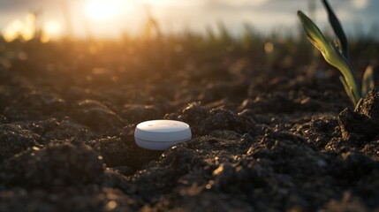 Modern soil sensor in a field at sunrise, capturing essential data for smart agriculture.