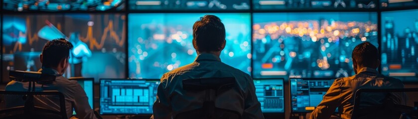 Crisis response team, professionals coordinating efforts, digital communication tools, intense and decisive, modern control center