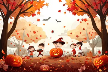 Poster - Happy Kids Celebrating Halloween in Autumn.