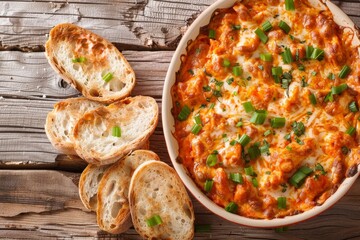 Wall Mural - American buffalo chicken dip with toast in a baking dish top view