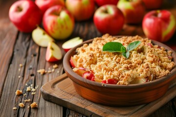 Canvas Print - Apple crumble on wood with apples