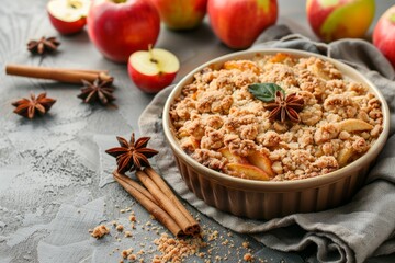 Wall Mural - Apple crumble with cinnamon and brown sugar on grey background