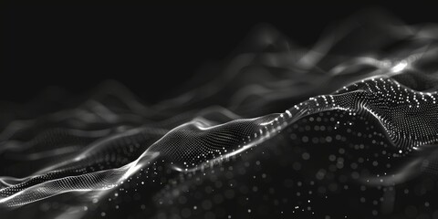 Poster - Abstract wave with moving dots. Flow of particles. Technology illustration. 3d rendering.