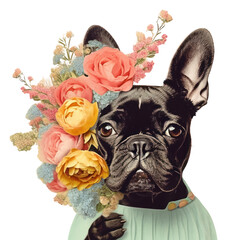 Poster - PNG Collage Retro dreamy dog holding bouquet bulldog animal mammal.