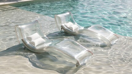 Two Transparent Loungers Floating in a Pool on a Sunny Day