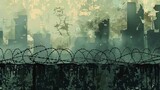 Horizontal background with destroyed city and barb wire 