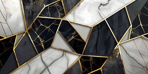 geometric black and white background. luxurious textured background of black and white slabs and gold lines