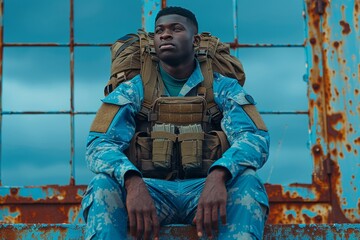 soldier in blue camouflage sitting on rusty metal structure