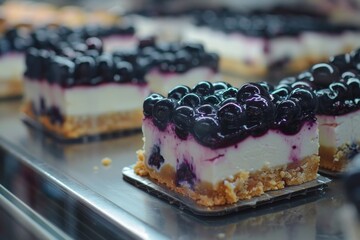 Sticker - Blueberry cheesecake bars in bakery French dessert pastries focus on