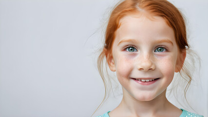 Portrait of a cute little red-haired girl on a white background.