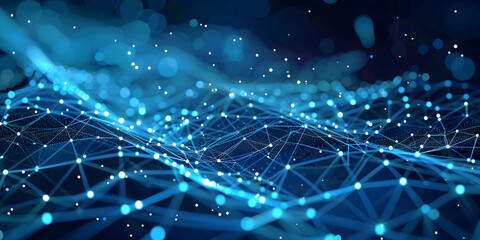 background blue spider web closeup with many dots and lines, technology and innovation