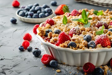 Poster - Buffet brunch with pie crumble and various berries in a hotel or restaurant