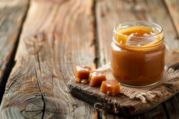 Poster - Caramel sauce in jar on wooden table