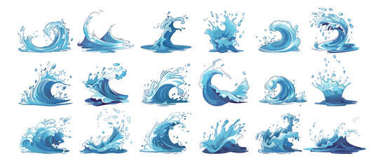Wall Mural - water splashes cartoon vector set. drops smudges falling liquid waves sea ocean spills motion overfl