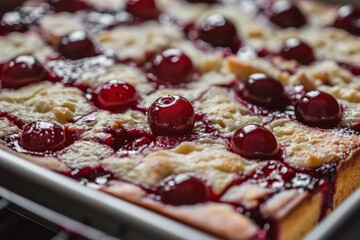 Poster - Cherry cake baked with crumbly dough close up