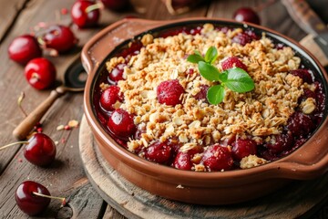 Wall Mural - Cherry crumble with oatmeal almond topping in baking dish on wooden table close up