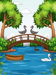 Poster - Ducks on a wooden bridge over a lake.