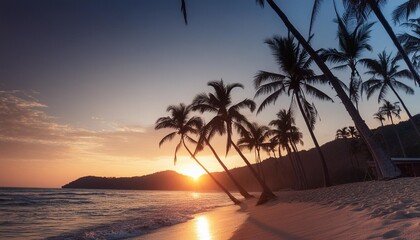 Sticker - beautiful colorful sunset on tropical ocean beach with coconut palm trees silhouettes