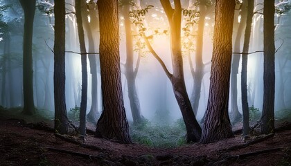 Poster - fairytale landscape mysterious light in the night among tree trunks at the night spooky forest