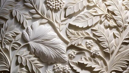 Poster - a close up view of white ceramic floral and leaf relief artwork showcasing intricate textures and shadows on a wall generative ai