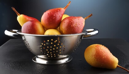 Canvas Print - colander with ripe pears on black table closeup