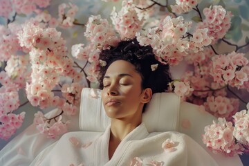 Wall Mural - A woman is laying in a bed with a white blanket and a pink floral pattern