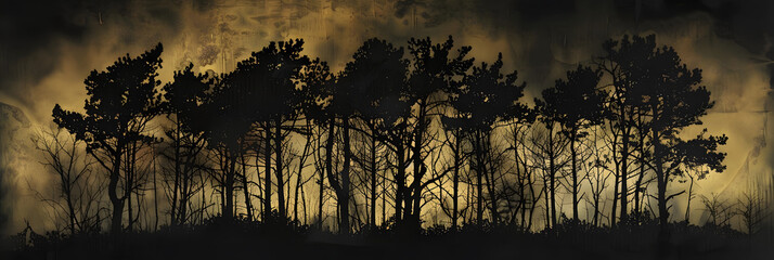 Poster - The silhouettes of trees against a dark, twilight black background