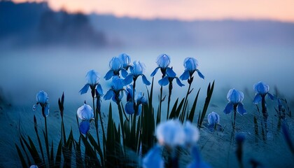 Poster - delicate soft pastel blue flowers in the morning mist light blue irises on a wild field in the pink tones of spring