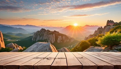 Sticker - outdoor rock table top with mountain landscape at sunrise showcasing organic beauty generative ai