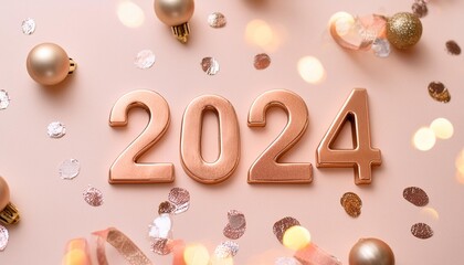 Wall Mural - golden 2024 on a peach color background with confetti and bokeh lights happy new year 2024 is coming concept top view