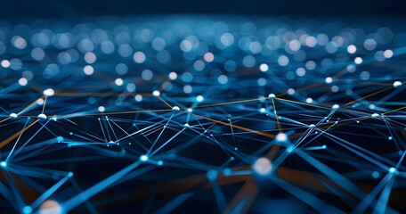 Poster - A digital network of interconnected dots and lines, representing the complex web behind artificial intelligence. The background is dark blue with subtle orange highlights to highlight details in yello