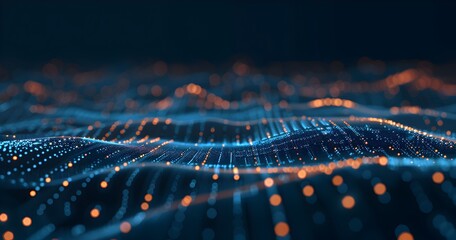 Poster - A digital network of interconnected dots and lines, representing the complex web behind artificial intelligence. The background is dark blue with subtle orange highlights to highlight details in yello